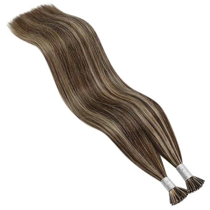 YoungSee I Tips Hair Extensions Brown Itip Hair Extensions Real Human Hair Highlight Dark Brown with Blonde Itip Hair Extension for Everyday Use 18 Inch 50g 60s
