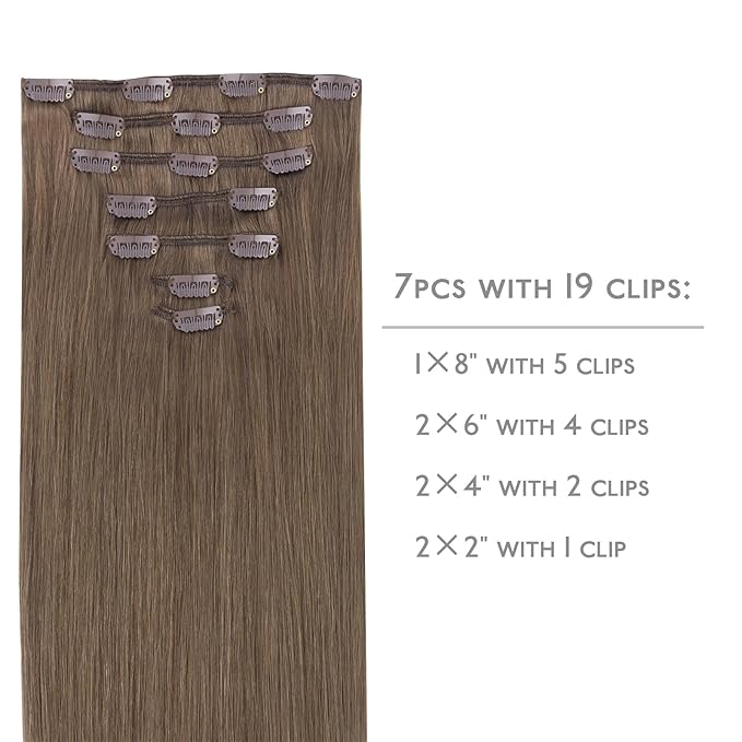 WENNALIFE Clip in Hair Extensions Real Human Hair, 20 Inch 120g 7pcs Human Hair Extensions Clip In Human Hair, Light Ash Brown Hair Extensions Clip In Real Hair Coloured Remy Human Hair Extensions