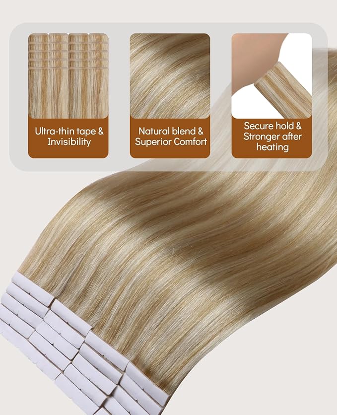 VINBAO Invisible Injected Tape in Hair Extensions 55g Invisi Edge Tape in Hair Extensions 20in 20pcs Light Blonde Highlighted Platinum Blonde Luxury Hair 20inch #27P60