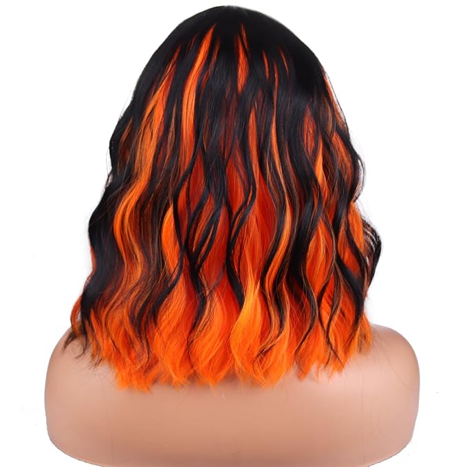 BERON 14 Inches Black Orange Wig Short Orange Bob Wigs with Bangs Halloween Wigs for Women Loose Wavy Wig for Cosplay Party