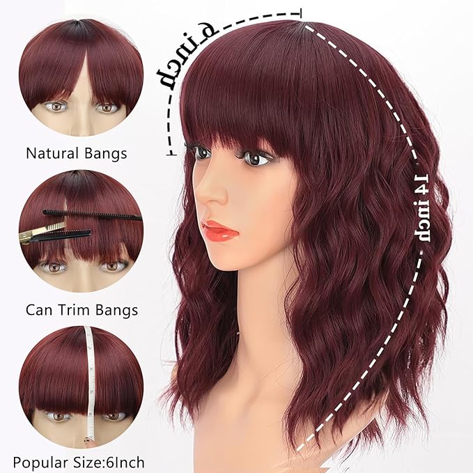 AISI HAIR Curly Bob Wig with Bangs Short Wavy Wine Red Color Wigs for Women Bob Style Synthetic Heat Resistant Bob Wigs