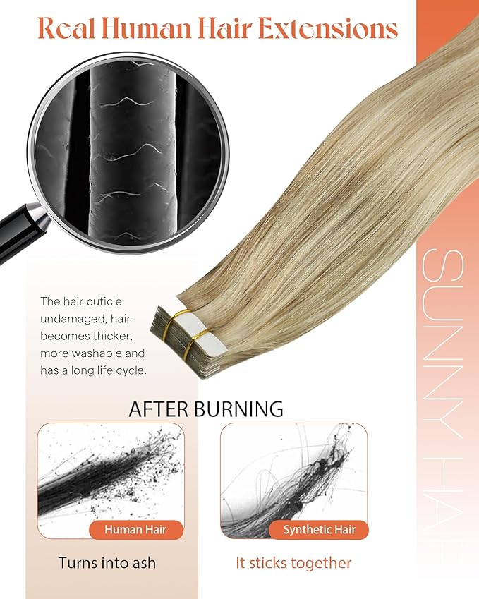 Sunny Hair Tape in Hair Extensions Real Human Hair Invisible Remy Hair Extensions Tape ins for Women Dark Blonde Highlights Light Blonde 18 inch 20Pcs 50G