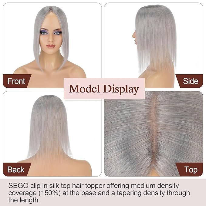 SEGO Hair Topper for Women, No Bangs Real Human Hair Topper with Anti-Slip Clips (18 Inches #Grey)