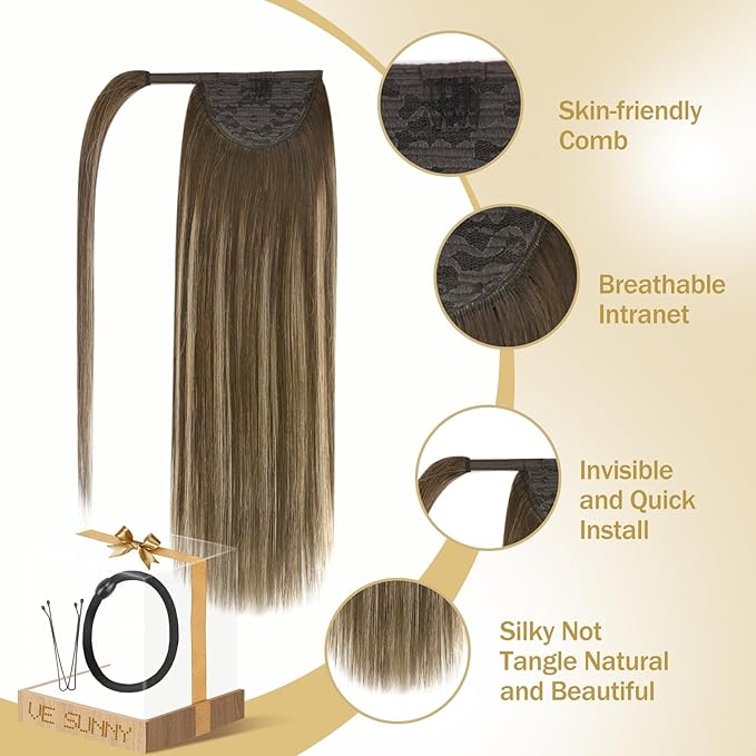 Ve Sunny Hair Extensions Ponytail Real Human Hair Wrap Around Clip in Ponytail Hair Extensions Straight Extensions Human Hair for Women Medium Brown Balayage Ombre Caramel Blonde 20inch 80G