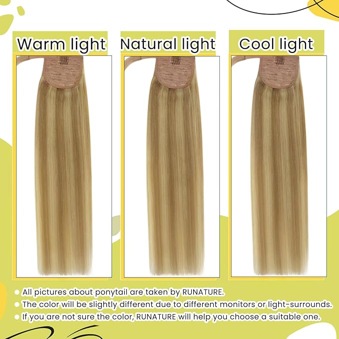 RUNATURE Ponytail Extension Human Hair, Blonde Real Hair Ponytail Extension, Wrap Around Human Hair Ponytail, Daily Wearing, Easy to Install, 18 Inch 80g #16P24 Golden Blonde Highlights