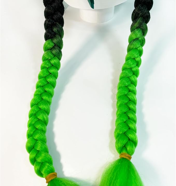 2PCS Pigtail Motorcycle Helmet Ponytail Bicycle Braids Hair Tails for Any Helmets/Suction Cup Reusable Design (Black-Green)