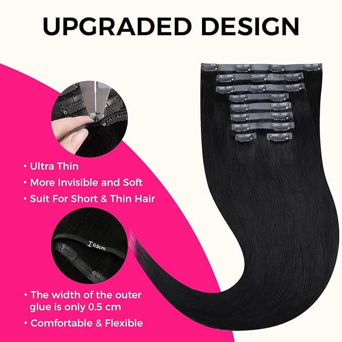 Lashey Seamless Clip in Hair Extensions Human Hair 130g 9pcs #1 Jet Black Straight 16 Inch Clip in Hair Extensions with PU Soft Invisi Edge for Women