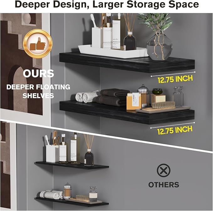 Large Floating Shelves for Wall Set of 1 Wooden Wall Shelves 36 in x 12.75 in x 2 in Room Decor Long Shelf with Invisible Wall Mount Bracket for Bedroom Kitchen Living Room Black Wood