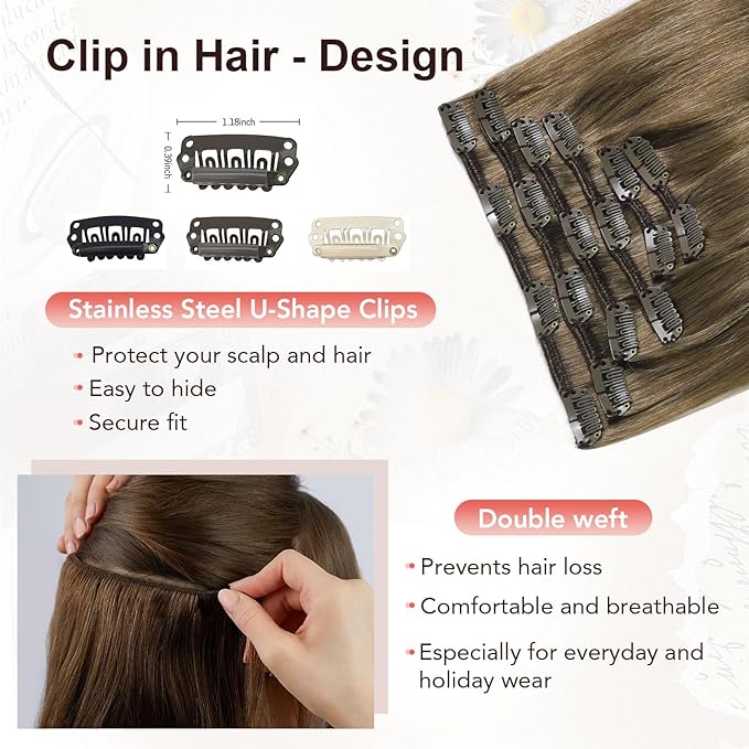 XDhair Clip in Hair Extensions Real Human Hair 100g 6pcs 16Inch Ash Brown Clip in Remy Hair Extensions for Women (#8,16Inch)
