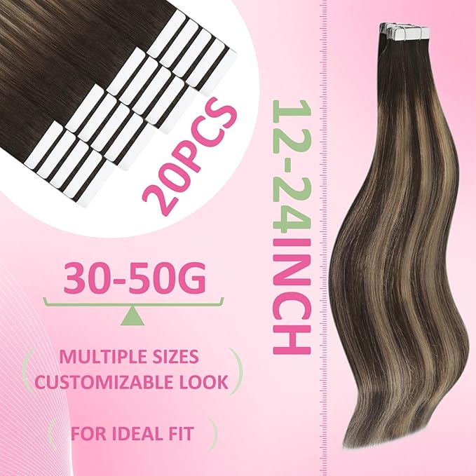 YoungSee Human Hair Tape in Extensions Brown Balayage Tape in Hair Extensions Dark Brown Ombre Blonde Seamless Tape-in Hair Extension Human Hair 22In Straight Hair Extension Long 20pcs 50g