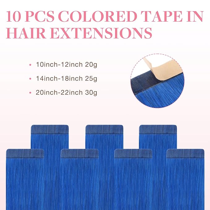 GOO GOO Tape in Hair Extensions Human Hair, Blue, 14inch 25g 10pcs, Colored Tape ins Human Hair Extensions, Silky&Soft Invisible Tape Ins, Hair Highlighted for Party