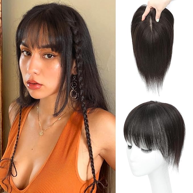 Hair Toppers for Women Real Human Hair-U Shape Toppers Hair Pieces for Women with Thinning Hairr 150% Density Silk Base Clip in Human Topper with Bangs for Daily Use(Brown Black-1B