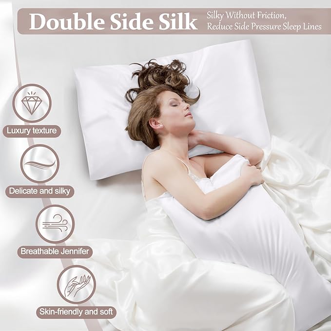 2 Pack 100% Pure Silk Pillowcase for Hair and Skin, Both Sides Mulberry Silk Pillowcases with Hidden Zipper, Cooling Pillowcase 19 Momme, 600 Thread Silk Pillow Cases King Size, White