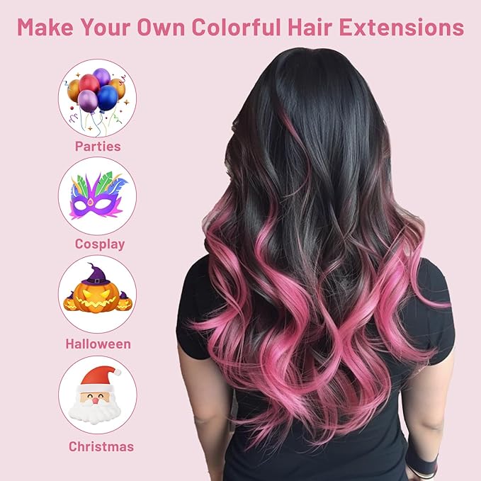 16 Pcs Pink Hair Extensions Curly Wavy Clip in Synthetic Hair Extensions,Colorful Party Highlights Hairpiece Streak for Girls Women Kids Cosplay Party Gift(Pink)