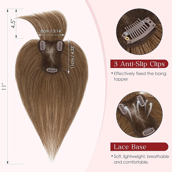 Human Hair Topper with Bangs for Women, 360° Cover Clip in Fringe Bangs Hair Toppers Hair Piece Medium Brown-3.15x4.33 Hand-tied Base (Medium Brown)