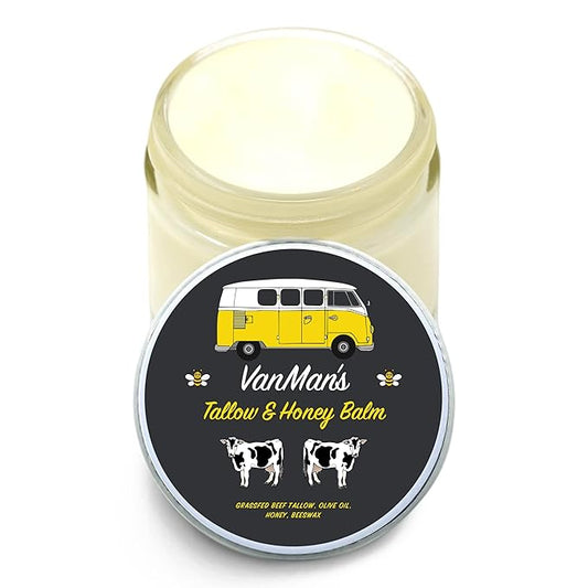 Vanman's Tallow and Honey Balm With No Added Scent - Beef Tallow Face Moisturizer with Grass-Fed/Finished Beef Tallow for Skin, Organic Raw Honey and Beeswax, Cold Pressed Olive Oil - 2.5 oz
