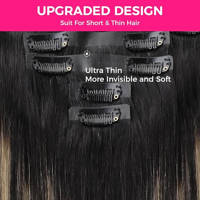 Lashey Seamless Clip in Hair Extensions Human Hair, 110g 7pcs Straight Balayage Natural Black to Light Blonde Highlighted Clip in Hair Extensions for Black Women 18 Inch