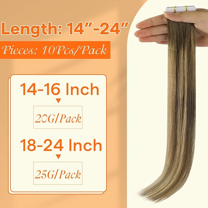 Full Shine Tape in Hair Extensions Human Hair 14Inch Machine Virgin Tape in Extensions Color Medium Brown to Honey Blonde Balayage Short Skin Weft Hair Extensions 10Pcs 20Gram for Women