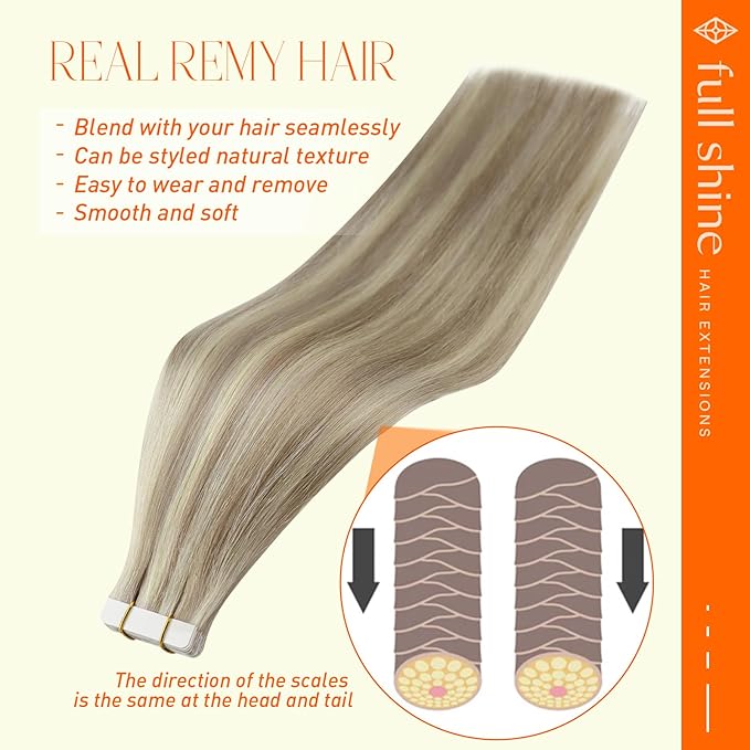 Full Shine Tape in Hair Extensions Remy Hair 12 Inch Color 18 Ash Blonde Highlight 613 Blonde Hair Extensions 30 Gram 20 Pcs Seamless Double Side Tape ins Add Volume for Women Seamless Natural