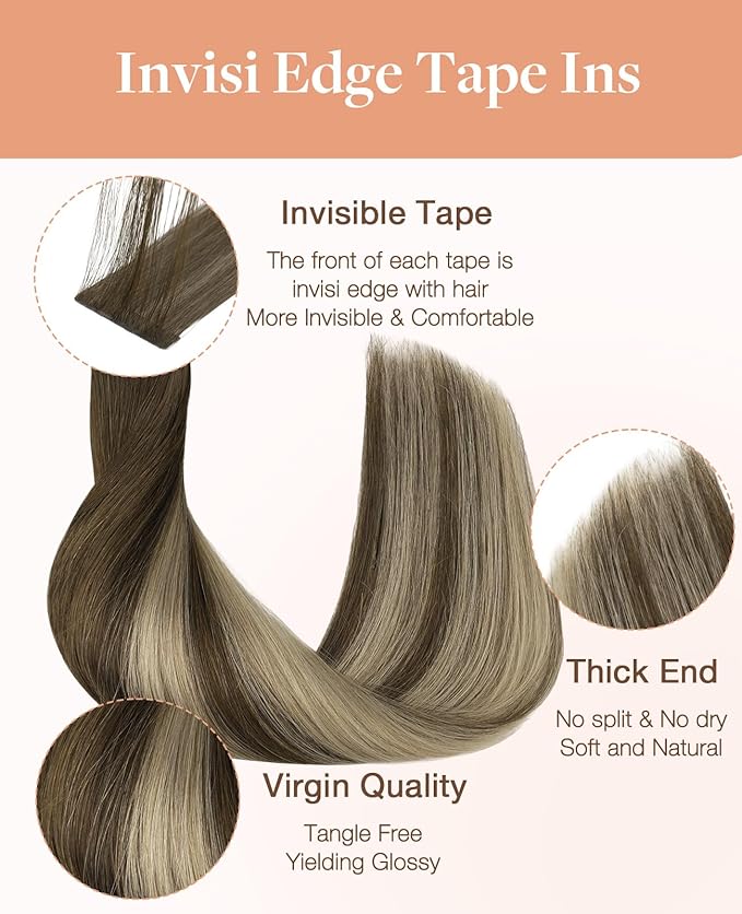 GOO GOO Invisi Edge Tape in Hair Extensions Human Hair, 4/26/4 Balayage Chocolate Brown to Honey Blonde 10pcs injected with 10pcs classical tape ins, 22inch 50g, Virgin Remy Hair, Natural Look