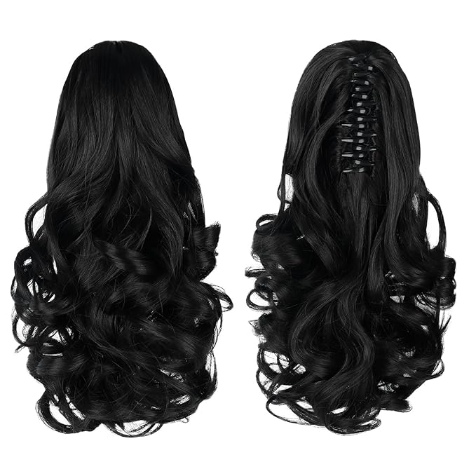 Ponytail Extension, Clip on Ponytails for Women, 12" Claw Clip in Short Curly Wavy Pony Hair Extension for Women - Natural Black