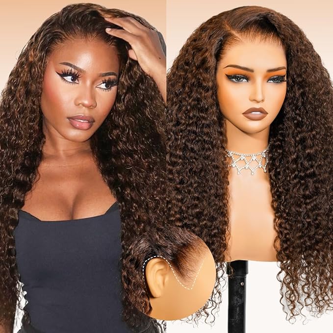 Arabella Chocolate Brown Lace Front Wigs Human Hair 13x6 Deep Wave Lace Front Wigs Human Hair Colored Deep Curly HD Lace Frontal Wigs for Women Pre Plucked with Natural Hairline 30 Inch