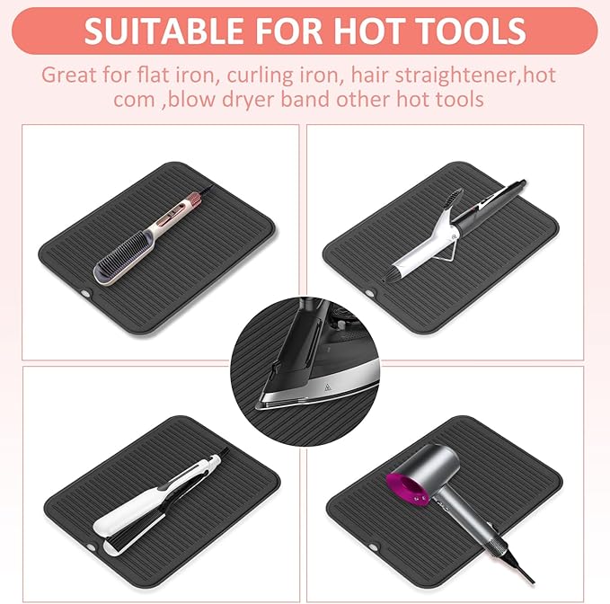 Quccefods Large Heat Resistant Silicone Mat for Hair Tools: Curling Iron, Flat Iron, Hair Straightener - Portable Hair Styling Pad Cover