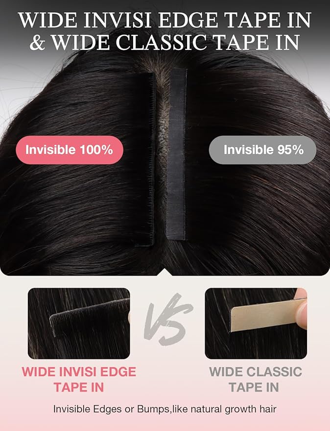 DOORES Invisi Edge Tape in Wide Hair Extensions Human Hair, Dark Brown 4PCS Injection Tape ins 20g 14 Inch, Virgin Human 3 Inch Wide Injected Extensions Invisible
