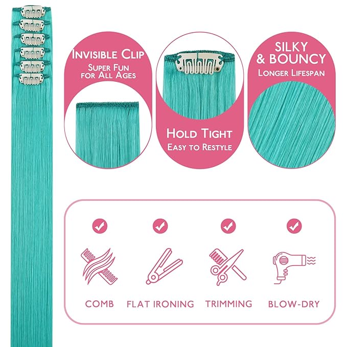 WENNALIFE Teal Green Clip in Hair Extensions Real Human Hair 35g 6pcs 20 Inch Colored Hair Extensions for Kids Women Colorful Hair Pieces Pop-up Style Straight Extensiones De Cabello Humano Con Clip