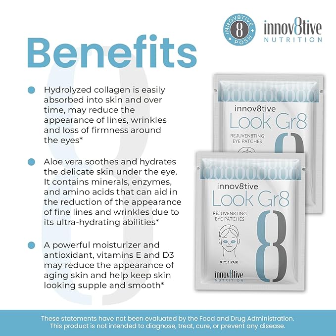 Look Gr8 Eye Patch - Rejuven8ting Eye Patches (Single) for Youthful Radiance! Under Eye Patches for Dark Circles, Puffy Eyes, and Wrinkles. With Collagen, Aloe Vera, and Vitamins D3 & E