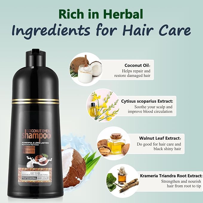 Brown Hair Dye Shampoo, Instant Hair Color for Women Men, Colors in Minutes, Long Lasting Coconut Dye Shampoo, Champu Para Canas 16.90 Fl Oz