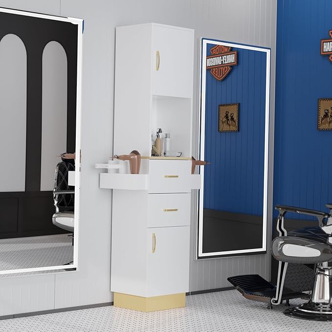 Salon Station for Hair Stylist - Barber Beauty Spa Equipment With 2 Drawers, 2 Storage Cabinets, 6 Hair Dryer Holders for Styling - White Gold