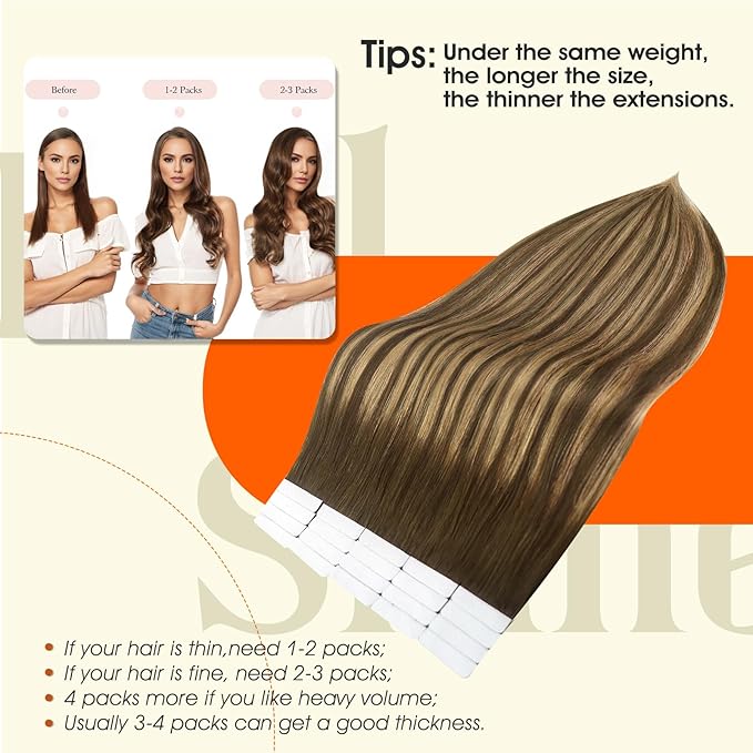 Full Shine Hair Extensions Tape in 16Inch Skin Weft Tape in Hair Extensions Balayage 4 Medium Brown Fading to 24 Honey Blonde And 4 Invisible Tapes in Extension Real Human Hair Straight Hair 50G 20Pcs
