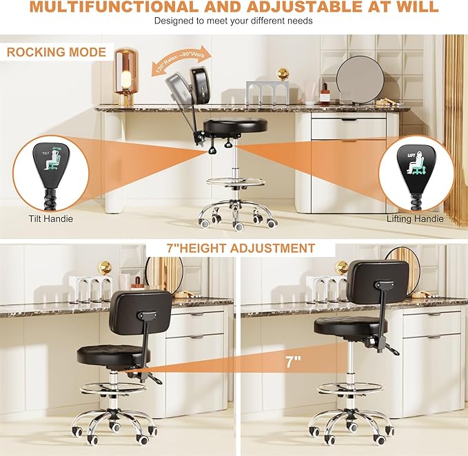 YJHome Rolling Stool, Rolling Stools with Wheels Foot Rest, Backrest Adjustable Height, Heavy Duty 400lbs Weight Capacity, Salon Spa Tattoo Massage Office Swivel Stool Chair (Black)