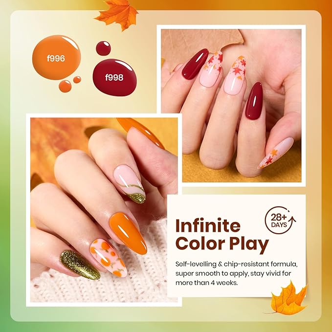 Beetles Fall Gel Nail Polish Set, 6Pcs Yellow Orange Burgundy Red Green Gel Polish Golden Glitter Nails Kit Autumn Realm Collection DIY Nail Art Gifts for Women