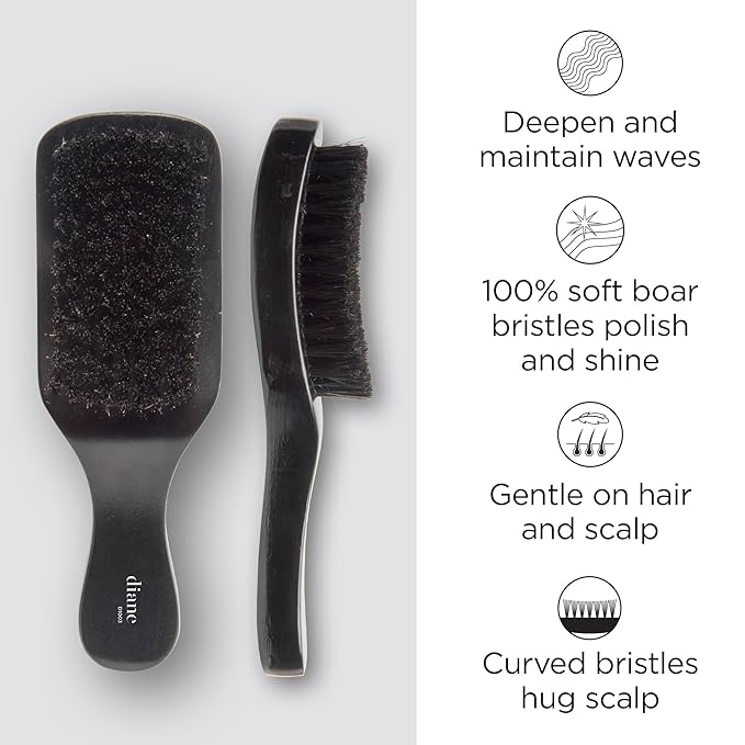 Diane 100% Boar Bristle Curved Club Wave Brush for Men and Women, Soft Bristles for Fine to Medium Hair, Ideal for Detangling, Smoothing, and Defining Wave Styles