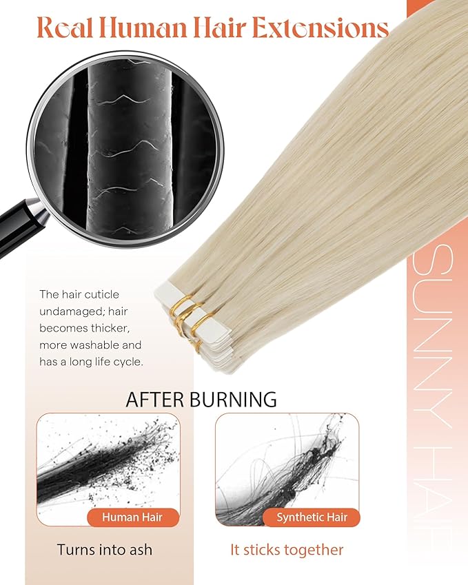 Sunny Hair Tape in Hair Extensions Human Hair 24inch Hair Extensions Real Human Hair Tape in Extensions for Women Platinum Blonde Invisible Natural Straight Skin Weft Double Sided Tape 40pcs 100g