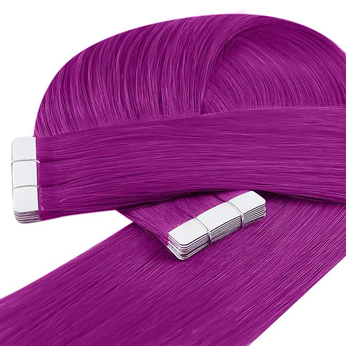 YoungSee Tape in Extensions Human Hair Purple Invisible Tape in Hair Extensions Purple 10pcs 25g Color Human Hair Tape in Extensions 14In Short-Hair for Cosplay