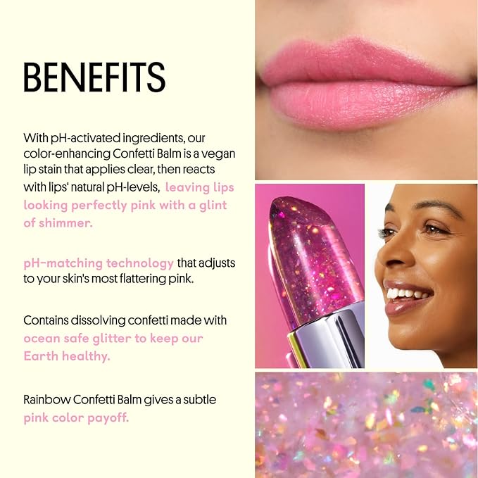 Winky Lux Glitter Confetti Balm, pH Lip Balm, pH Color Changing Lipstick and Tinted Lip Balm, Vegan & Cruelty Free Lip Balm, Hydrate & Plump, Sheer Pink Lipstick, Rainbow Confetti