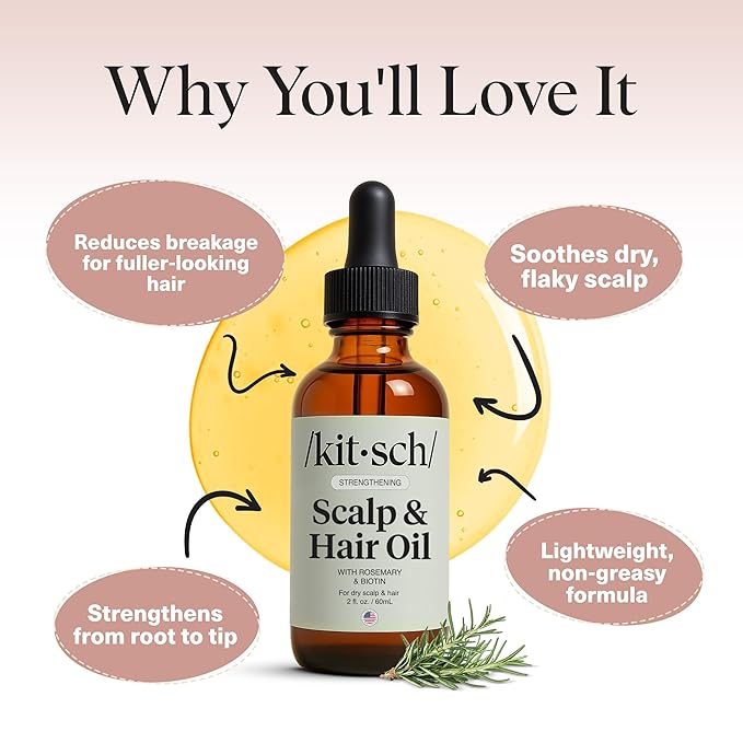 Kitsch Rosemary Oil for Hair Growth – Pre-Wash Hair Oil with Castor, Biotin, Jojoba – Hair Care, Adds Shine, Strengthens Roots, Scalp Treatment | Ideal Gifts for Women – Lavender Scent, 60mL