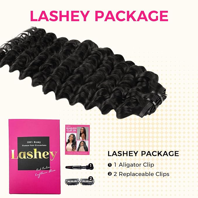 Lashey Clip in Hair Extensions 110g 7pcs Deep Wave Seamless Clip in Hair Extensions Human Hair 18 Inch Natual Black Thick Human Hair Clip ins Extensions for Women