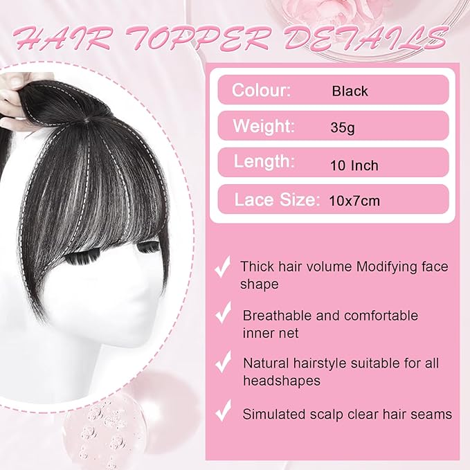 Hair Toppers for Women Real Human Hair Topper Clip in Bangs 360° Cover Remy Human Hair Straight Hairpieces for Thinning Realistic Scalp Swiss Lace Base Clip on Bangs Cover Gray Hairy Roots Black