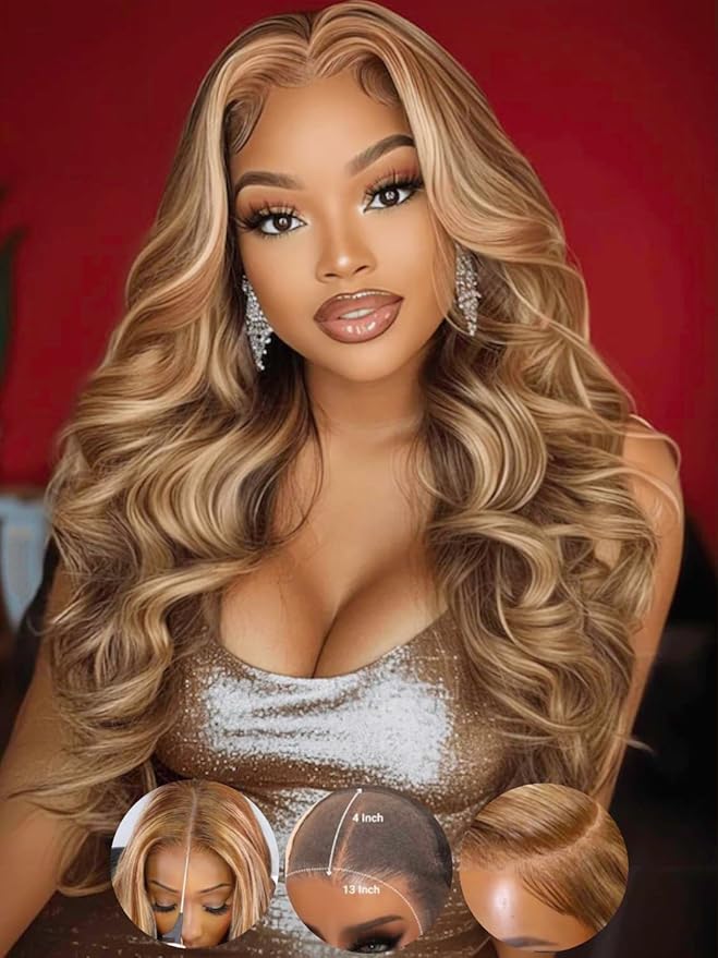KLAIYI Wear And Go Glueless Wig Bye Bye Knots 13x4 Precut Lace Front Wigs Human Hair Ombre Highlight Blonde Body Wave Wig Pre Bleached Pre Everything Pre Plucked with Baby Hair 3S Ready to Wear 16Inch
