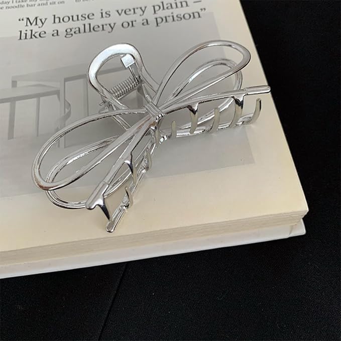 Metal Bow Hair Claw Clips Large Bowknot Hair Clips for Thin Thick Hair Accessories for Women Girls Silver Strong Hold Nonslip