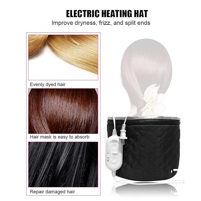 3 Gears Hair Steamer Cap, Electric Heated Hair Cap with US 110V Plug, PU Heat Cap for Deep Conditioning with Drawstring for Improving Hair Dryness, 5.9x6.7in