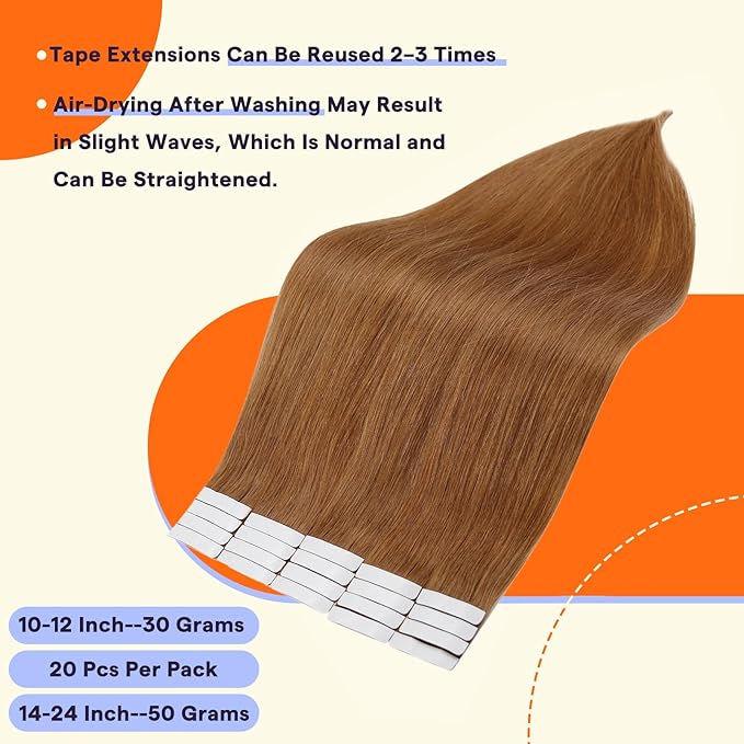 Full Shine Tape in Hair Extensions Human Hair Color 330 Orange Seamless Skin Weft Human Hair Double Sided Tape in Extensions 24 Inch Hair Extensions Real Human Hair 50g 20PCS Straight Hair