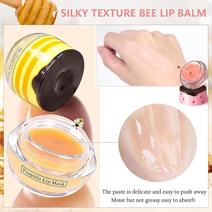 Bee Lip Balm Honey Pot,1Pcs Watermelon Lip Balm Moisturizing Lip Sleeping Mask Hydrating Prevention Dry & Cracked Lip Exfoliator Lip Wrinkle Lip Care Lip Mask Overnight Reduces Lip Line (Watermelon)