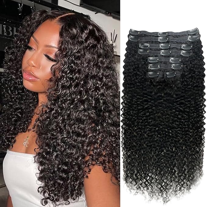 Curly Clip in Hair Extensions for Black Women Brazilian Virgin Human Hair Clip in Extensions 8Pcs Kinky Curly Clip ins Human Hair with 18Clips Double Lace Weft 120g 22inch Natural Black