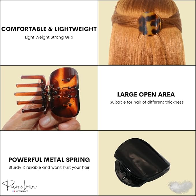 Parcelona French Onde Tortoise Shell Black and Savana Small 2” Celluloid Set of 3 Round Side Slide In Secure Grip Hair Claw for Women and Girls