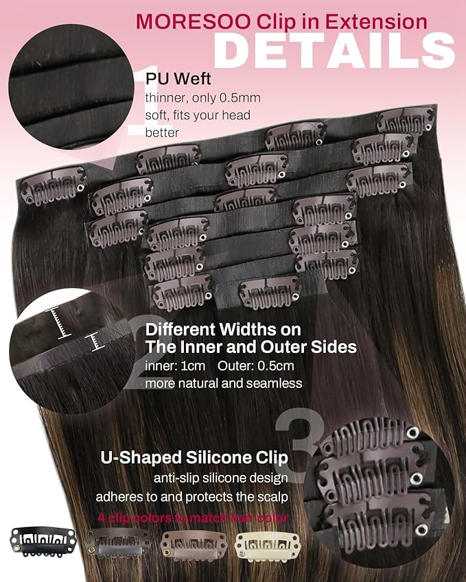 Moresoo PU Seamless Human Hair Clip in Extensions 135g 7pcs Clip in Hair Extensions Real Human Hair Straight Natural Thick and Soft Remy Hair Dark Brown to Chestnut Brown Balayage 16inch